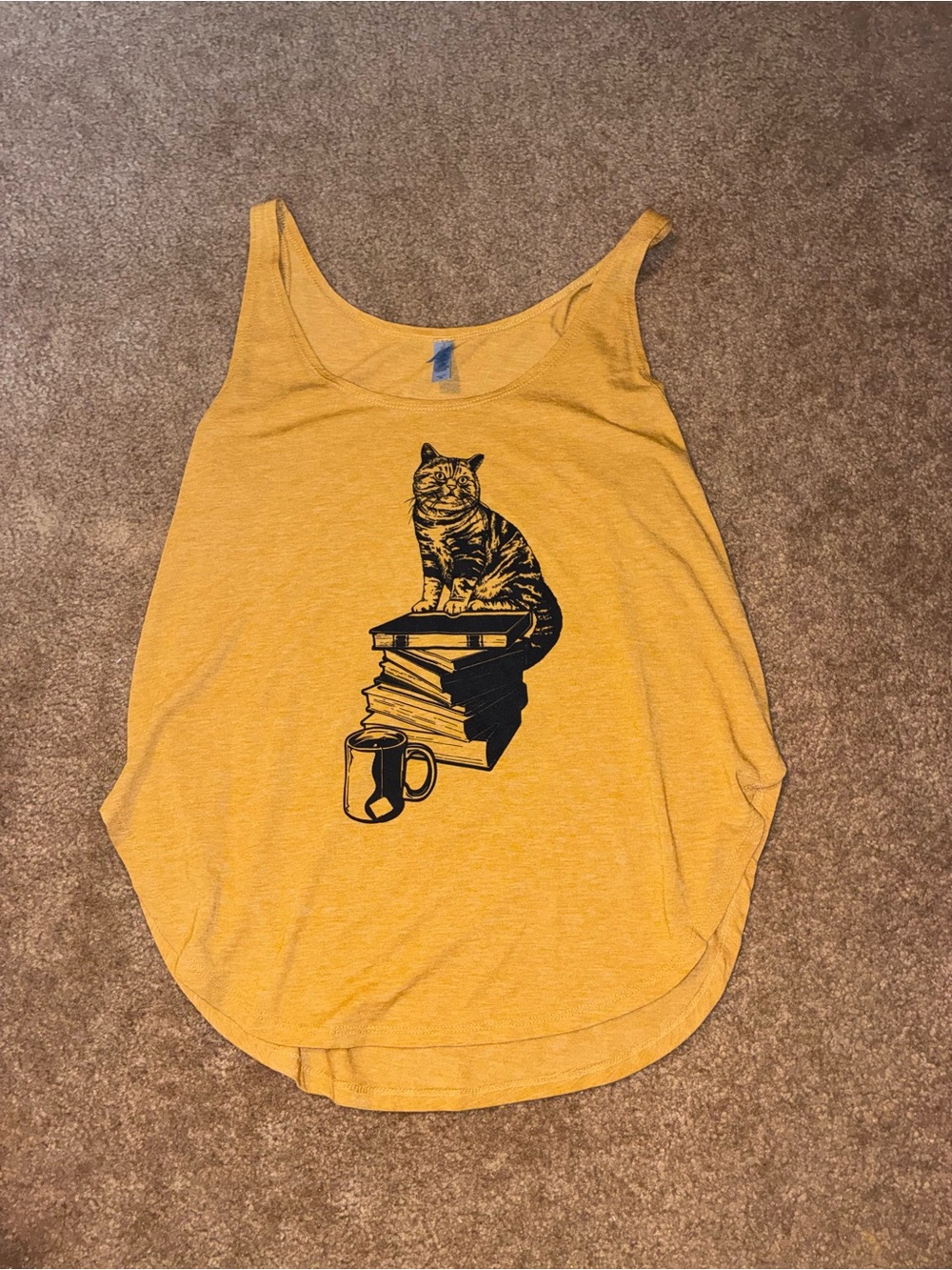 Next Level Apparel Mustard Yellow Tank with Black Cat & Books Graphic
